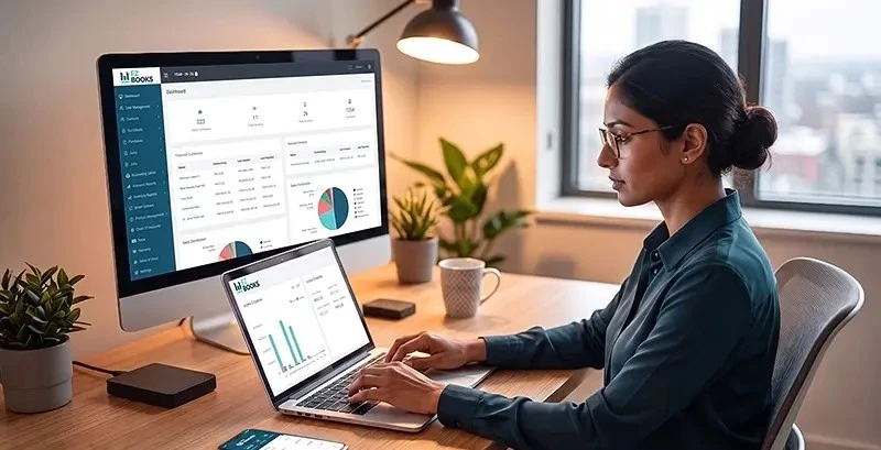 Pakistani business owner using EZ Books cloud accounting software on desktop and laptop to manage finances