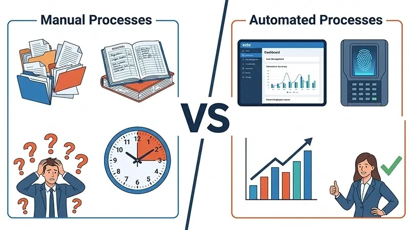 Manual HR vs HR Software side-by-side comparison showing the difference between traditional spreadsheet-based HR and automated HR management systems for Pakistani businesses
